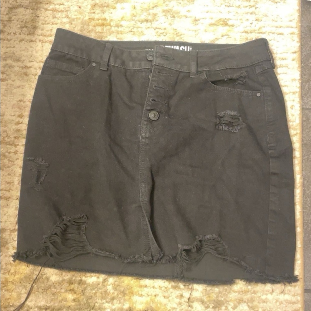 Black denim distressed skirt